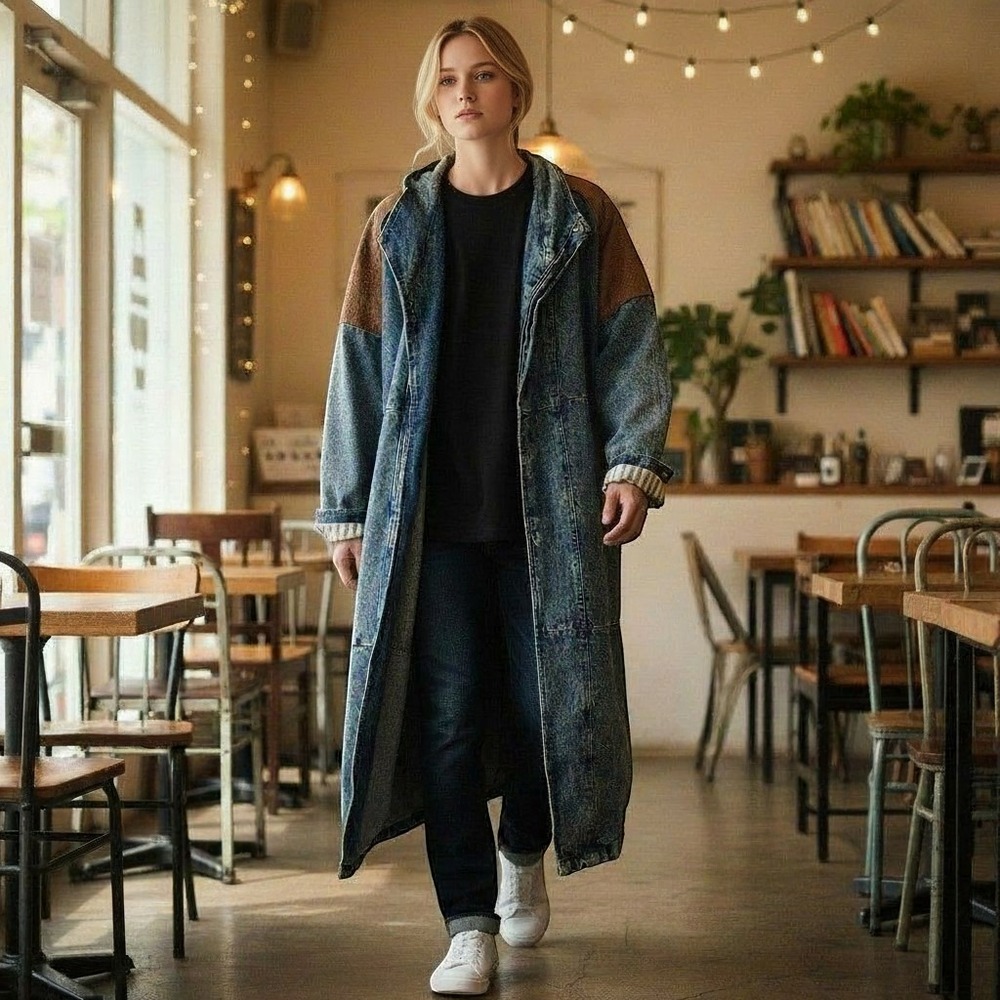 Vintage Osaka Five Denimes Duster Coat Acid Wash Denim Leather Size L Long